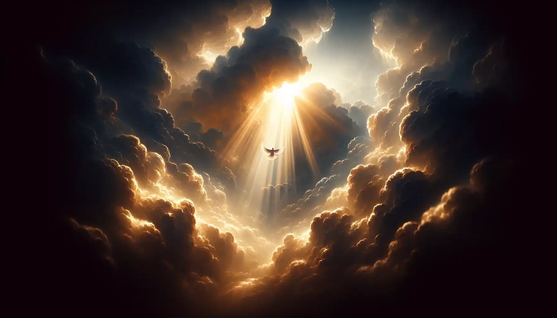 DALL·E 2024-02-14 07.49.58 – Design a 16_9 image where a brilliant, divine light breaks through the clouds, at the heart of which the dim silhouette of a dove can be faintly disce