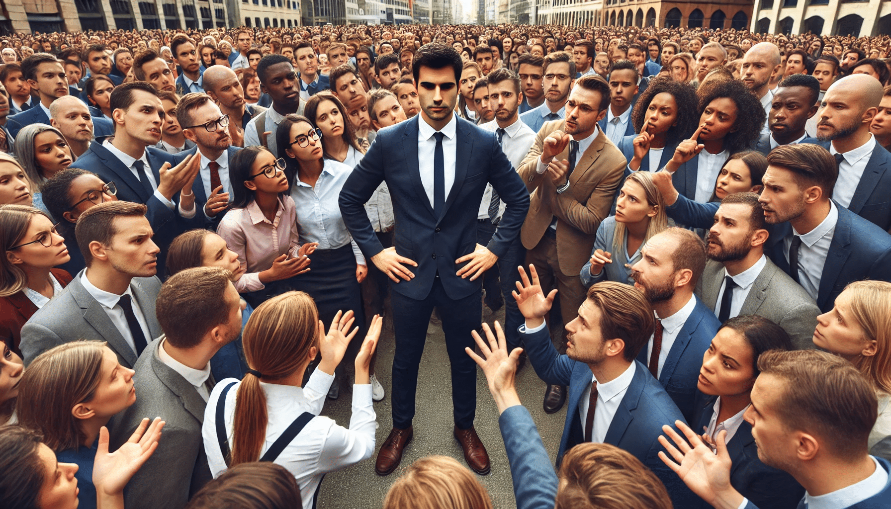 DALL·E 2024-06-27 11.37.50 – A diverse scene showing a man standing in the center of a crowd of people, all of various ethnicities. The man in the center is tall, with short black